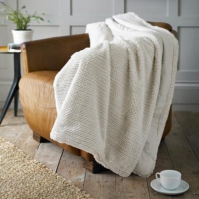 Sandringham Knit Style Faux Fur Bed Throw, Biscuit