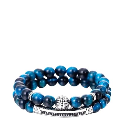 Blue Tiger Eye & Black Cz Bracelet Set