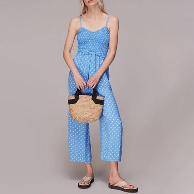 Blue Printed Shirred Jumpsuit