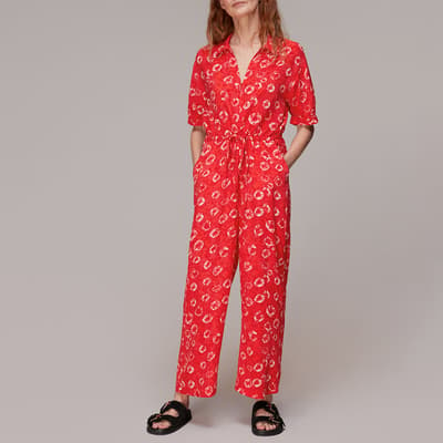 Red Floral Print Collared Jumpsuit