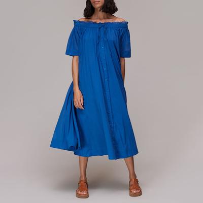 Blue Bardot Trapeze Cotton Midi Dress