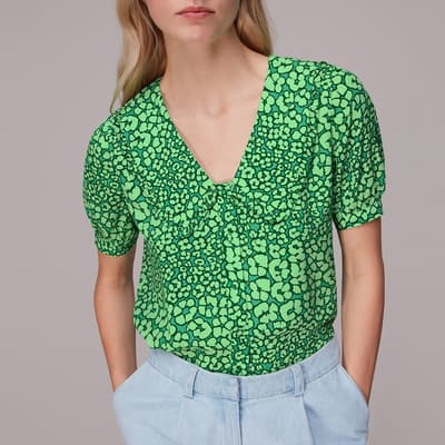 Green Floral Print Collared Top