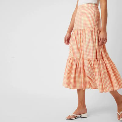 Peach Gingham Cotton Midi Skirt