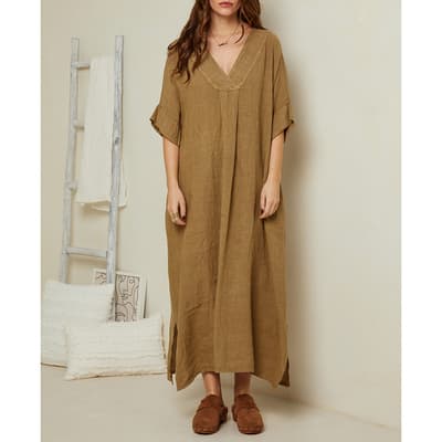 Camel V Neck Linen Maxi Dress