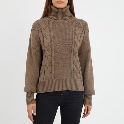 Mushroom Cashmere Blend Cable Knit Roll Neck Jumper