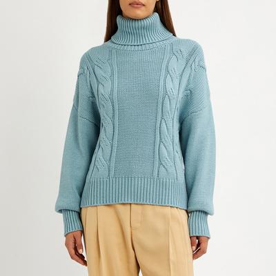 Seafoam Cashmere Blend Cable Knit Roll Neck Jumper