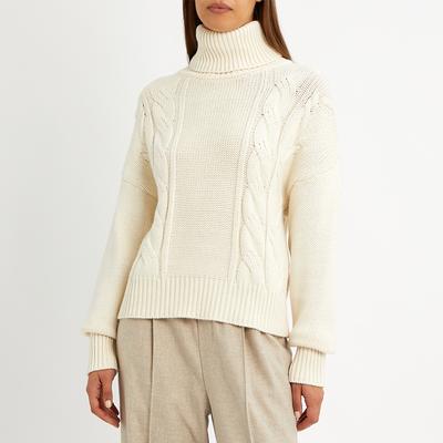 Cream Cashmere Blend Cable Knit Roll Neck Jumper