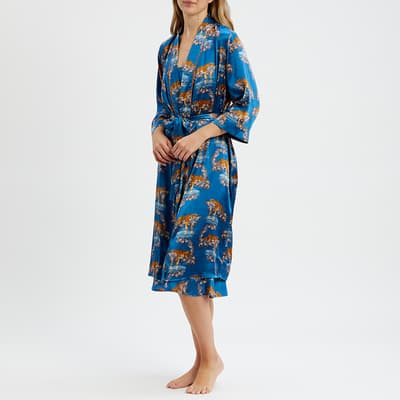 Blue Floral Tiger Print Satin Gown