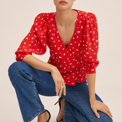 Red Buttoned Wrap Blouse