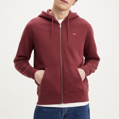Red Cotton Blend Zipped Hoodie