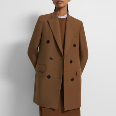 Camel Double Breasted Wool Blend Coat