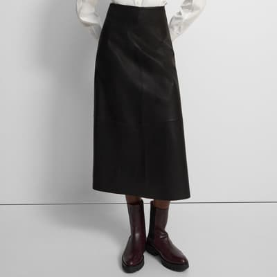 Black A-Line Leather Midi Skirt