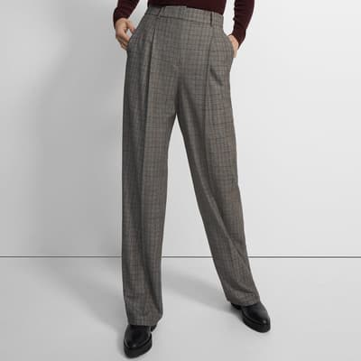 Grey Pleated Check Wool Trousers