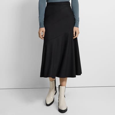 Black Diagonal Wool Midi Skirt