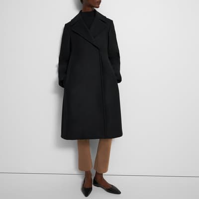 Black Sculpted Longline Wool Coat