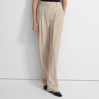 Cream Wide Leg Pleated Cashmere Blend Trousers