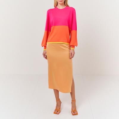 Pink Colour Block Cashmere Balloon Sleeve Jumper