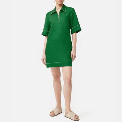 Green Zip Front Linen Mini Dress