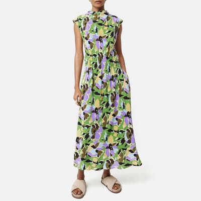 Green Pansy Printed Cowl Neck Dress