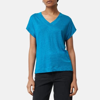 Blue V-Neck Linen T-Shirt