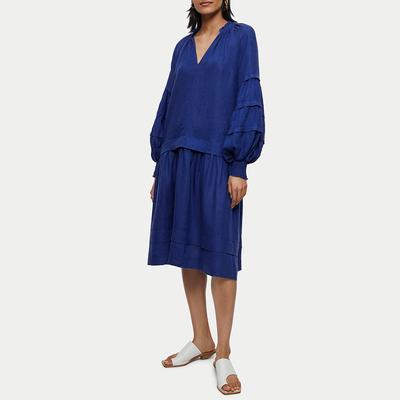 Blue Pleated Linen Midi Dress