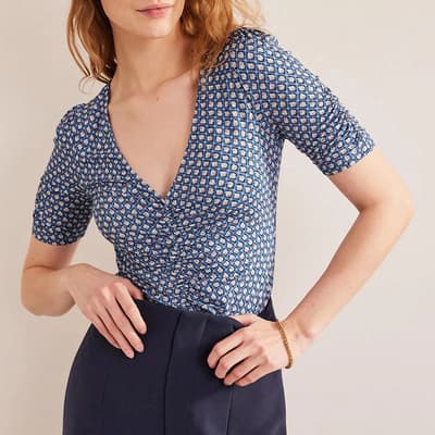 Blue Ruched Front Printed Top