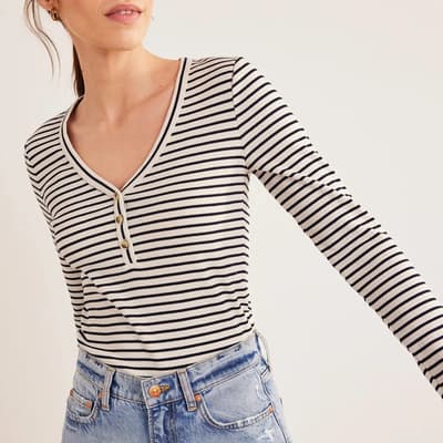 Black/White Stripe Ribbed Fitted Henley