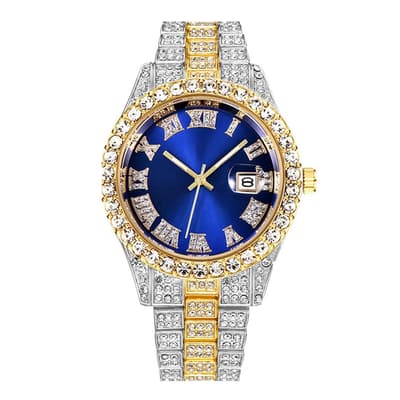 18K Gold & Silver Embellished Blue Dial Watch