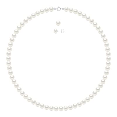 White/Silver Necklace and Bracelet Set Row Of Pearl