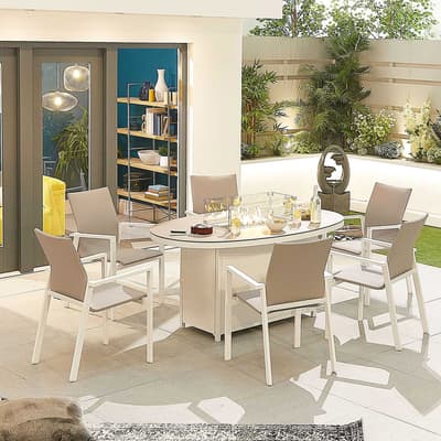 Roma 6 Seat Oval Dining Set with Firepit - White