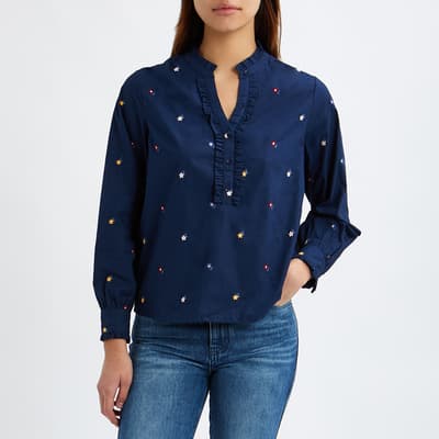 Navy Embroidered Frill Blouse