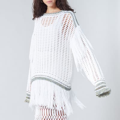 White Cotton Blend Crochet Oversized Jumper