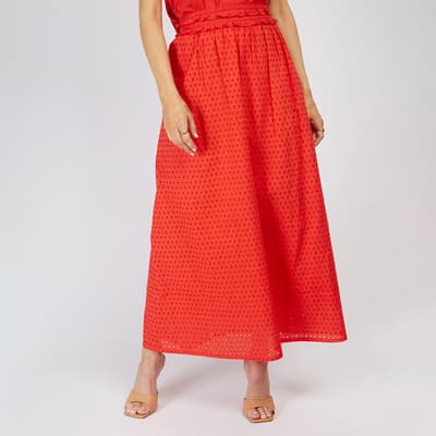 Red Broderie Cotton Midi Skirt