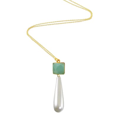 18K Gold Chalcedony & Pearl Drop Necklace