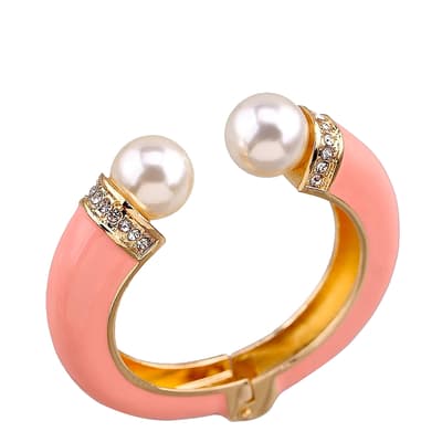 18K Gold Pink Enamel Pearl Cuff Bangle