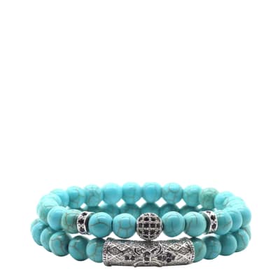 Silver Turquoise & Black Embellished Bracelet Set