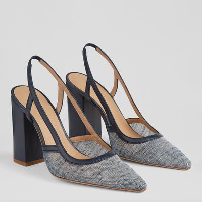 Navy Etta Leather And Linen Slingbacks