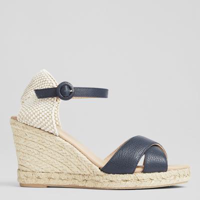 Navy Angele Leather Wedge Heel Sandals