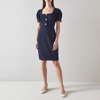 Navy Marianne Button Detail Cotton Dress