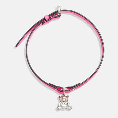 Silver Pink Teddy Bear Leather Choker Necklace