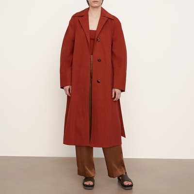 Red Belted Cotton Blend Longline Coat