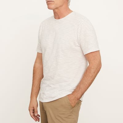 White/Sand Stripe Crew Neck Cotton T-Shirt