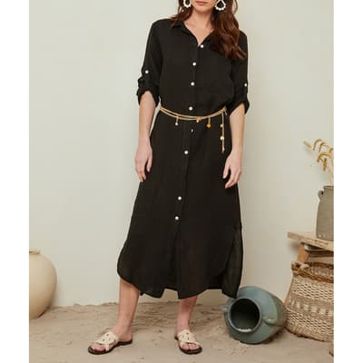 Black Linen Button Midi Dress