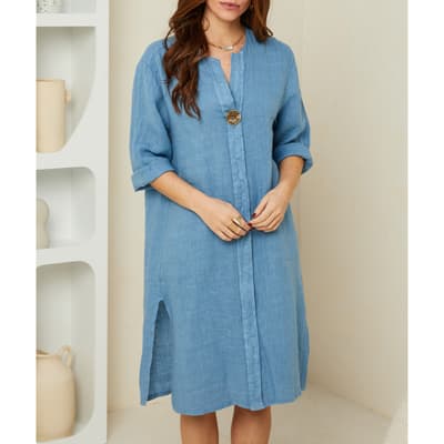 Blue Linen Button Front Dress