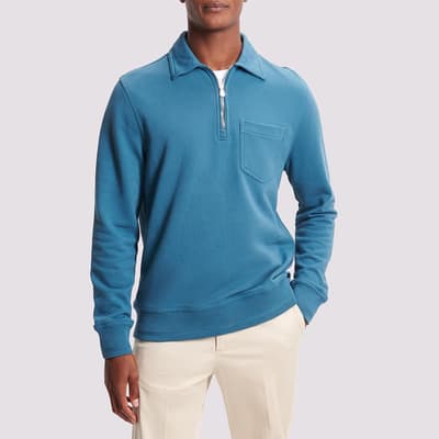 Blue Terry Half Zip Cotton Sweatshirt