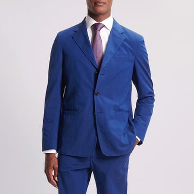 Blue Single Breasted Cotton Blend Suit Jacket