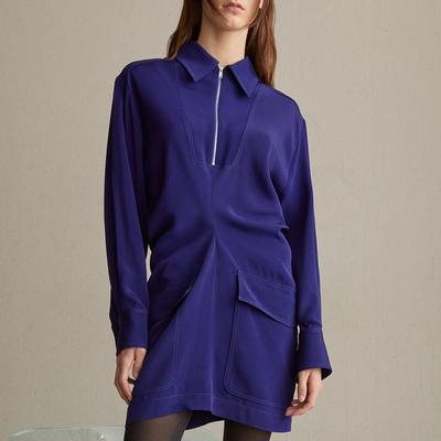 Blue Zip Collar Neck Mini Dress