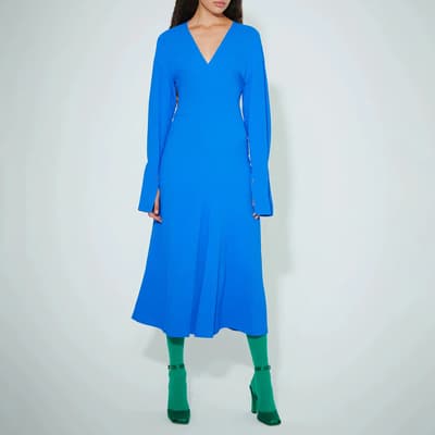Bright Blue V-Neck Flared Midi Dress