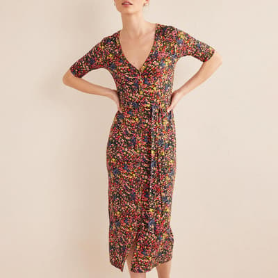 Pink/Yellow Floral Button Front Jersey Midi Dress