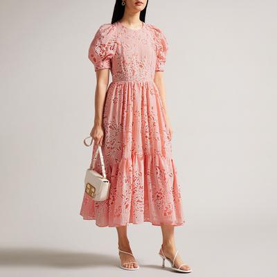 Pink Esthher Linen Blend Midi Dress